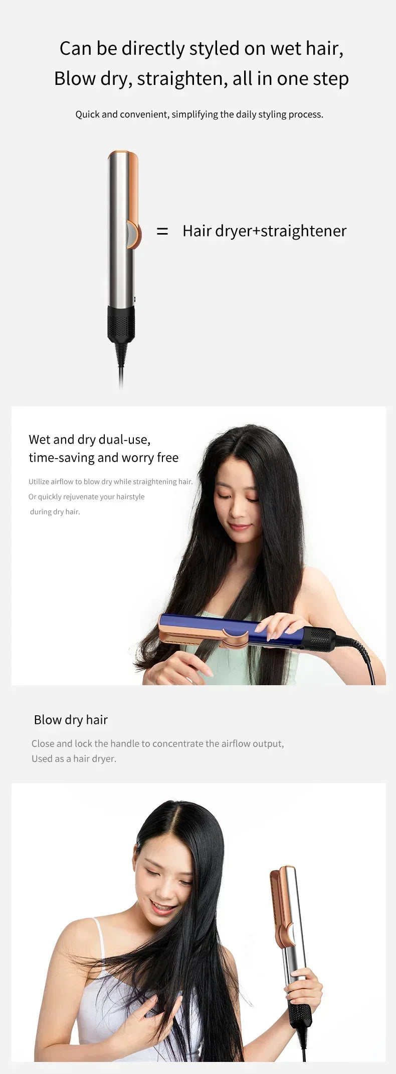 2 IN 1 Professional Hair Straightener & Hair Dryer Styling Tool Heat-Up Hair Flat Iron Negative Ion Iron Long-Lasting airstrait.