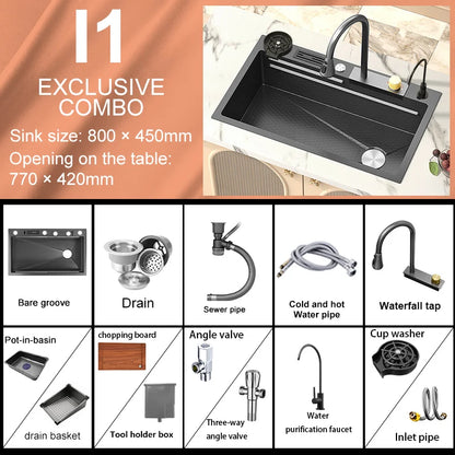 Kitchen Sink Stainless Steel Large Single Slot Multifunctional Tank Wash Basin With Waterfall Faucet Lowe Price