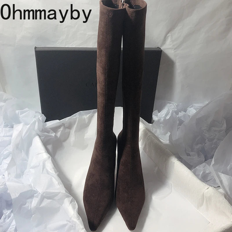 Women Stretch Modern Long Boots Fashion Pointed Toe Knee High Booties Designer High Heels Shoes.