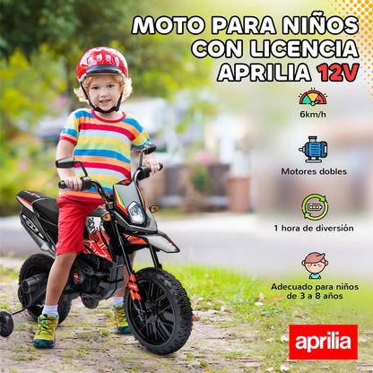 Aiyaplay Electric Motorcycle for Children 12V with Aprilia License, Children's Electric Motorcycle with Detachable Auxiliary Wheels, 6 Km/H, Rear Suspension, Headlight, Music and Usb, for Children 37-96 Months, Red.