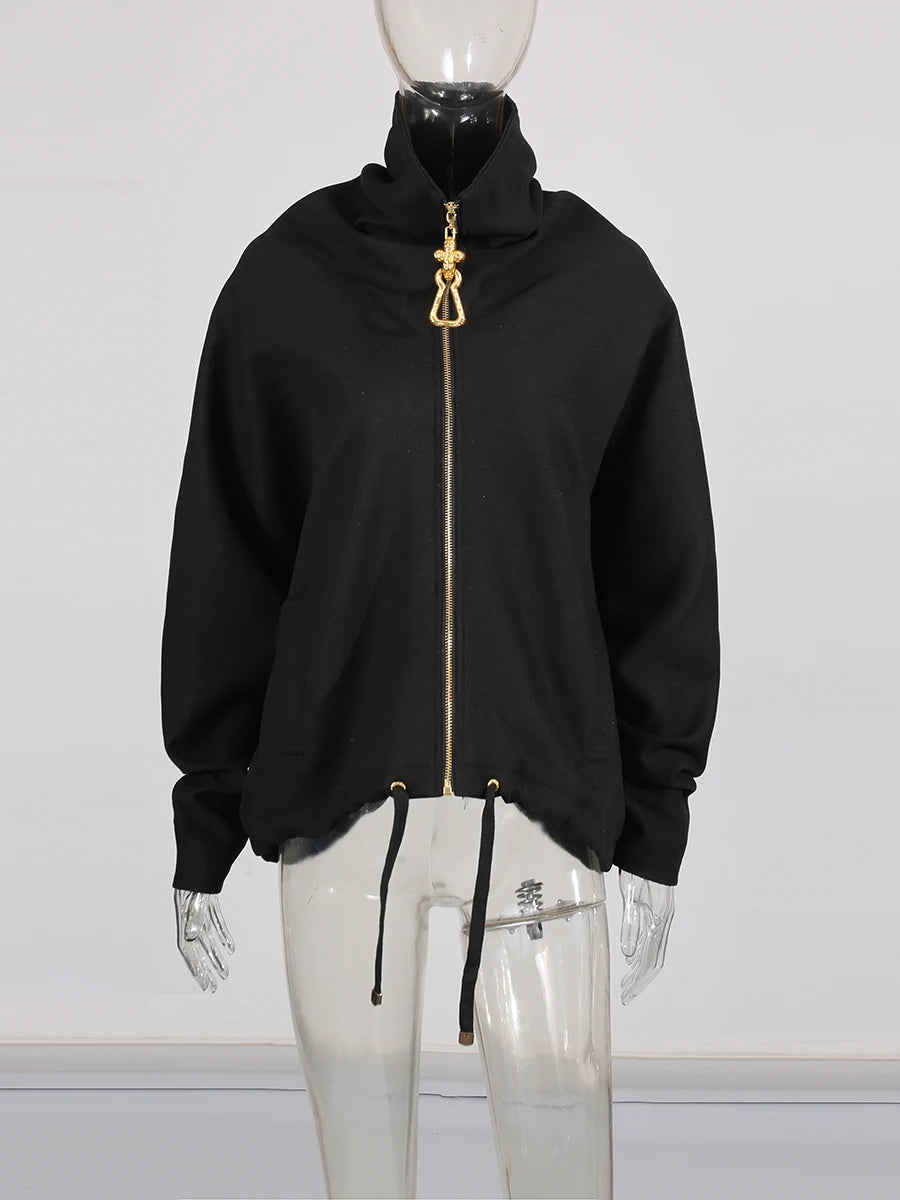 TWOTWINSTYLE Solid Loose Spliced Zipper Fashion Jackets for Women Lapel Long Sleeves Patchwork Lace Up Casual Jacket Female New