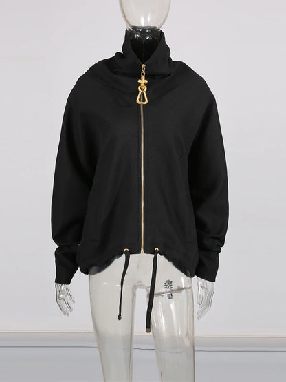 TWOTWINSTYLE Solid Loose Spliced Zipper Fashion Jackets for Women Lapel Long Sleeves Patchwork Lace Up Casual Jacket Female New