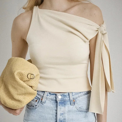 Sexy Asymmetrical Shoulder T-Shirt Women's Versatile Strapless Top Summer New Arrival Polyester Fiber One-Shoulder Sleeveless