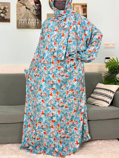 Muslim Cotton Abayas For Women Traditional Floral Ramadan Prayer Garment African Caftan Marocain Femme Robe Connected Headscarf.