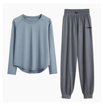 DRUR 2pcs Running Set Women Tracksuit Lightweight Loose Long Sleeve Sport Shirt Pants Sets 2 Piece Sportswear Outfit Gym Clothes.