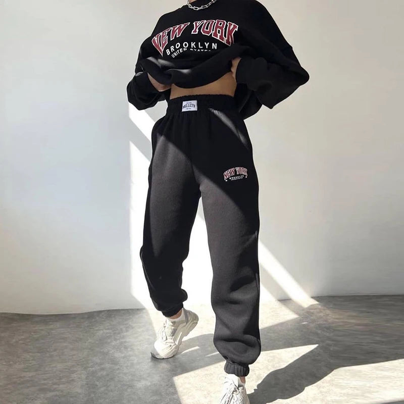 Warm Suit Autumn Winter Women Solid Set Elegant O-neck Pullover Hoodie And Pocket Trousers Two-Piece Set Lady Casual Loose Sets