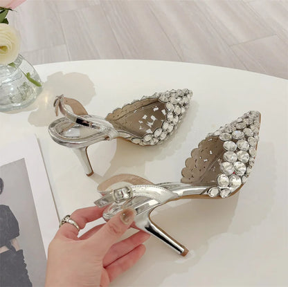 Liyke Elegant Pointed Toe Slingback Stiletto Sandals Crystal Diamonds Women Pumps High Heels Wedding Prom Shoes Zapatos Mujer.