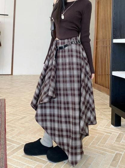 Qiukichonson Long Skirts Women Woolen Skirt 2025 Goth Autumn Winter High Waist Ruffles Asymmetrical Plaid Skirt Maxi With Belt.