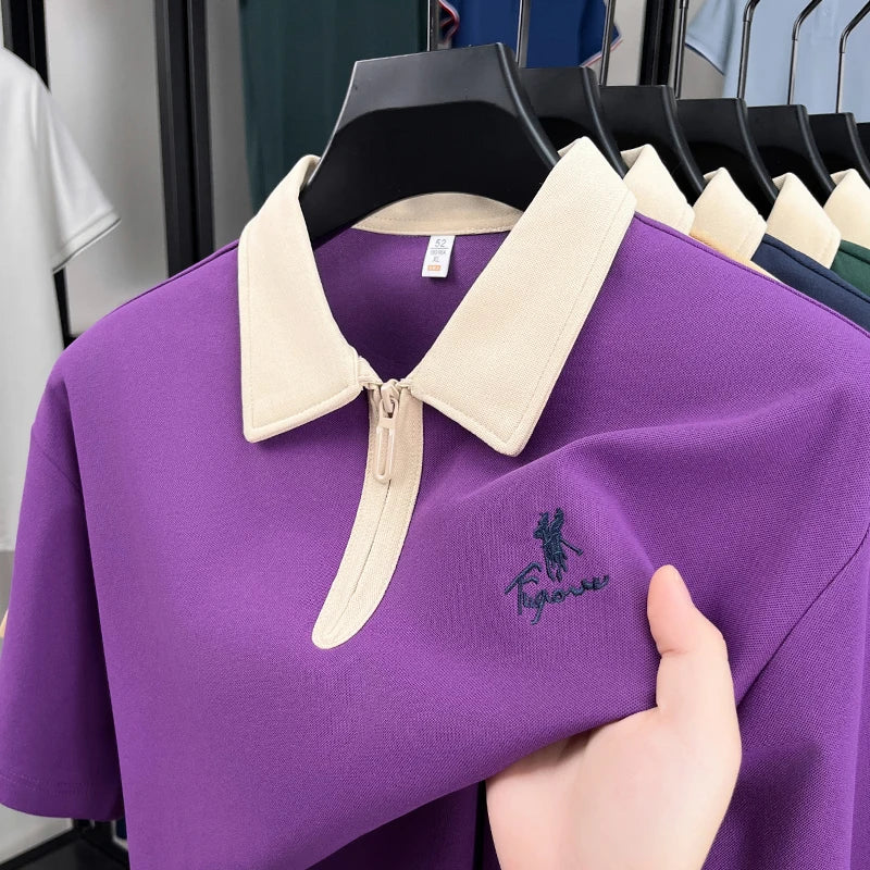 Luxury brand short sleeve polo shirt men's fashion Pony embroidered summer trendy breathable casual color blocked lapel T-shirt