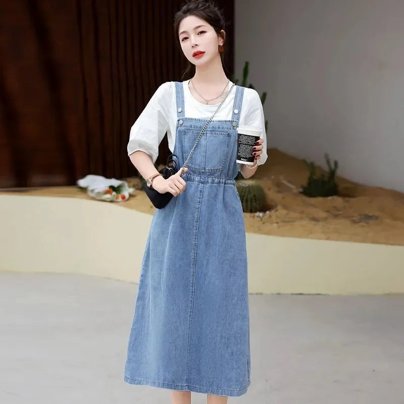 2025 Fashion Women Denim Suspender Skirt Spring Summer Causal Strap Female High Waist A-line Solid Lace-up Woman Skirt.