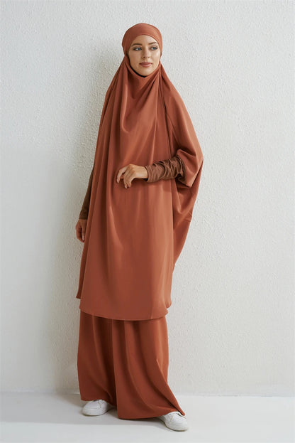 Muslim Sets Two Pieces Prayer Clothing Long Hooded Smocking Sleeve Shirts Hijab Loose Maxi Skirts Elastic Waist Women Abaya Sets.