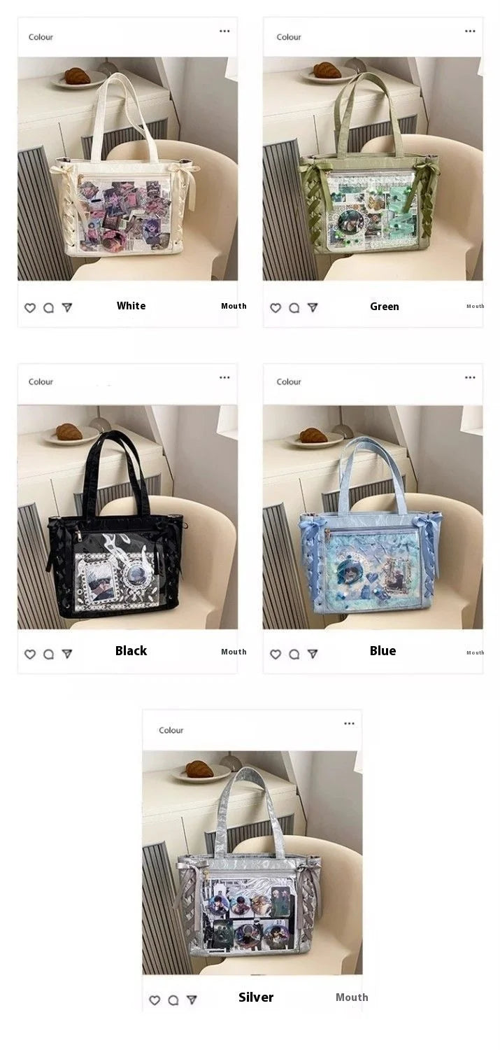 New Versatile Fashion Ribbon Itabag Large Capacity Green Large Food Anime Millet Bag Daily One Shoulder Tote Bag.