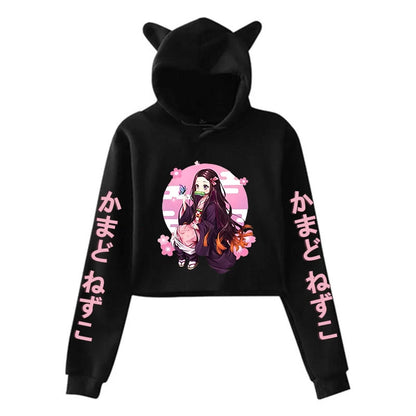 New Anime Kamado Nezuko Printing Cat Ear Hoodies Women Girls Fashion Streetwear Hoodies Sweatshirts Crop Top Pullover.
