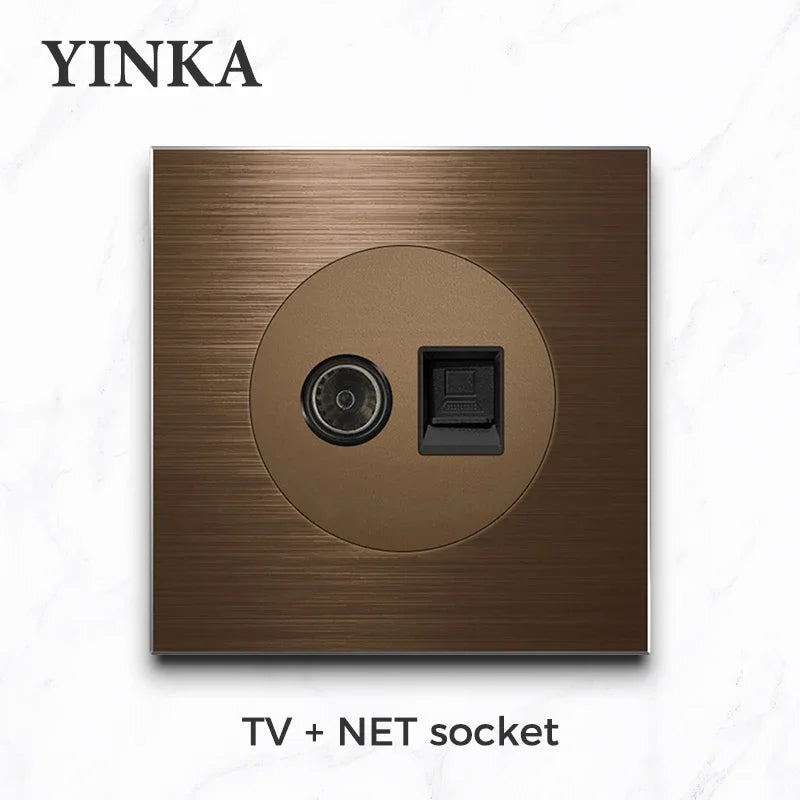 YINKA Schaltersteckdose, Aluminium, gebürstetes braunes Panel mit LED-Anzeige, EU-Steckdose, Schalttafel, elektrischer Lichtschalter, AC110–250 V, NET