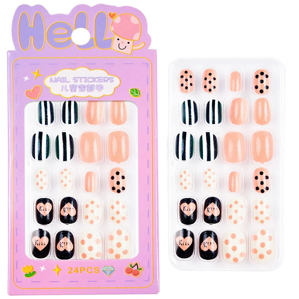 24Pcs/box Kids nails for Girl Cartoon Pattern False Nail Cute Child Fake Nails Tips Kawaii Acrylic Artificial Press on Nail+Tool