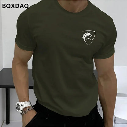 Summer Men's Fashion T-Shirts Short Sleeve Simple Wolf Badge Printing Streetwear Male T Shirt Trend O-Neck Casual Tops Plus Size.