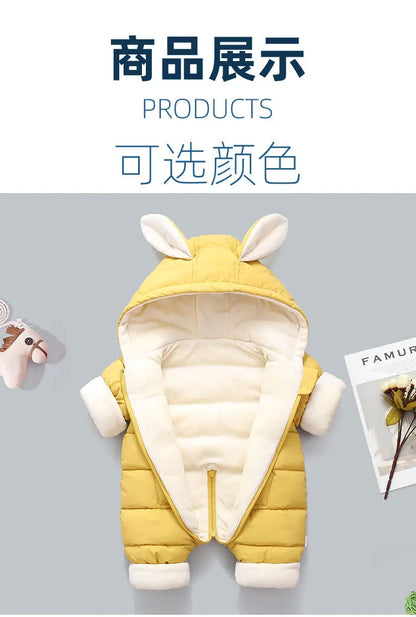 Winter Neue Baby Strampler Jungen Mädchen Patchwork Dicke Plus Samt Overalls Winddicht Mit Kapuze Overalls Schneeanzug Ein Stück Body