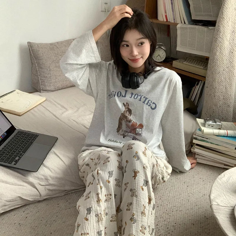 Frühling und Herbst Neue Damen Ins Stil Pyjamas Homewear Set Cartoon Mädchen Lange Ärmeln Lange Hosen Koreanische Pyjamas Homewear set.