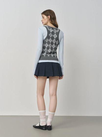 FSLE Plaid Rot Grau V-ausschnitt Gestrickte Weste Top für Frauen 2025, Herbst Neue Ankunft Retro College Stil Oberbekleidung Weste 25FS13248.