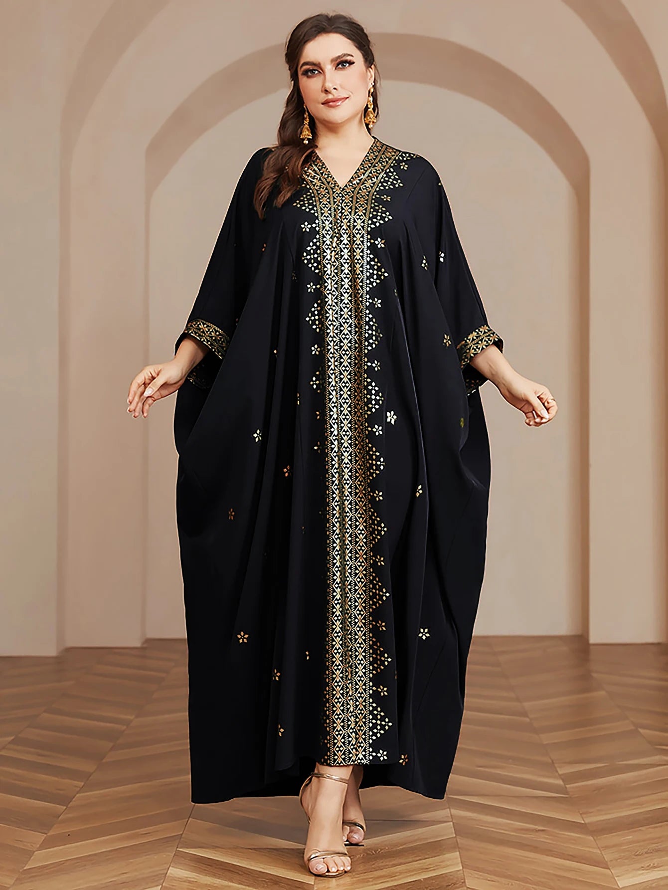 Wow! Langarm-Abaya in Übergröße mit Goldfolie – atemberaubendes arabisches Kleid, steigern Sie Ihren Stil für jede Veranstaltung!