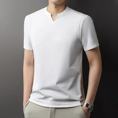 Korean Men's Casual and Fashionable Small V-neck Solid Color Short Sleeved T-shirt Comfortable Summer Versatile Top