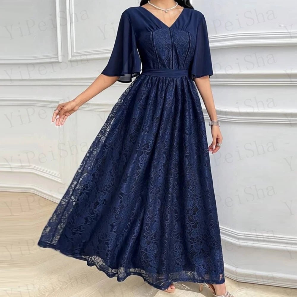 Maßgeschneiderte A-Linie-Abschlussballkleider, knöchellang, V-Ausschnitt, halbe Ärmel, Abendkleid, schlichtes, modisches, mit Spitze drapiertes, rückenfreies Partykleid.