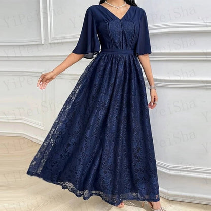 Maßgeschneiderte A-Linie-Abschlussballkleider, knöchellang, V-Ausschnitt, halbe Ärmel, Abendkleid, schlichtes, modisches, mit Spitze drapiertes, rückenfreies Partykleid.