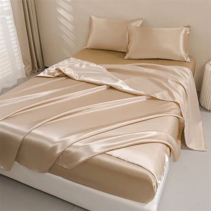 Satin Bed Sheets, Queen Size Sheets Set, 4 Pcs Silky Bedding Set   1 Deep Pocket Fitted Sheet + 1 Flat Sheet + 2 Pillowcases.