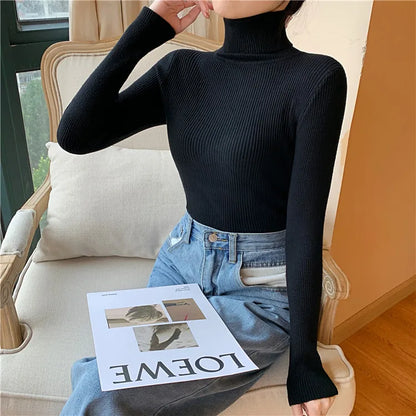 2023 herbst Winter Frauen Langarm Gestrickte Foldover Rollkragen Rippen Pull Pullover Weiche Warme Femme Jumper Pullover Kleidung