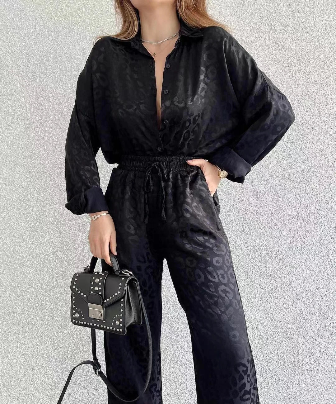 2024 Autumn White Satin Wide Leg Trousers Suit For Women Office Leopard Print Two-Piece Set Home Tracksuit Female Pajamas Sets.