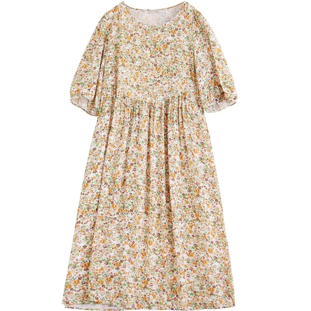 Kurzarm übergroße Baumwolle Satin Vintage Blumen neu in Kleidern für Frauen lässig lose lange Sommerkleid elegante Kleidung.