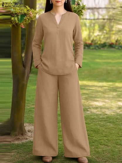 2025 ZANZEA Stylish Autumn 2 Piece Sets Women Outfit Casual V Neck Long Sleeve Tops Pant Set Solid Loose Work Tracksuit Oversize.