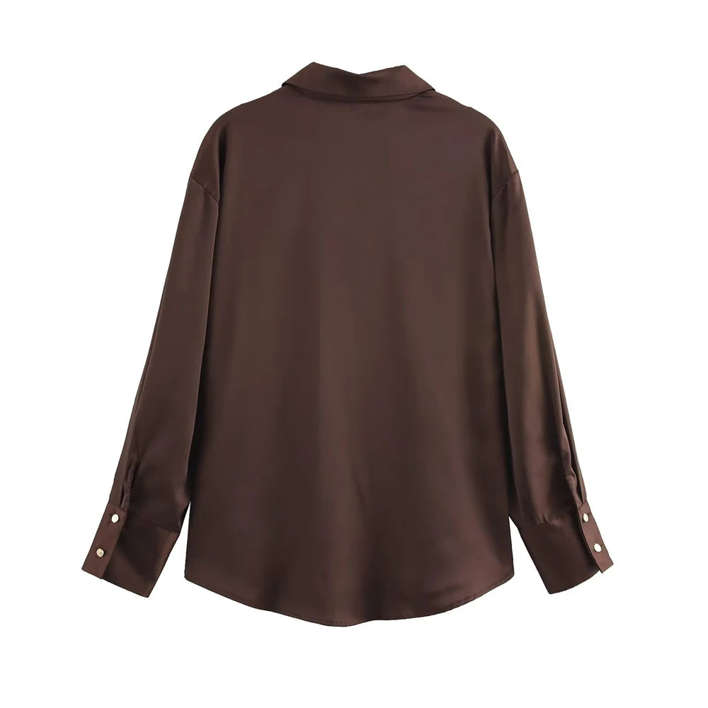 Women's Chic Lapel Collar Blouse Long Sleeve Button-Up Fashion Flowing Top Elegant Female Shirt Office.