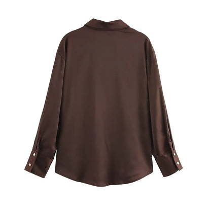 Women's Chic Lapel Collar Blouse Long Sleeve Button-Up Fashion Flowing Top Elegant Female Shirt Office.
