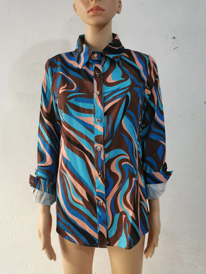 Blue Women's Long-sleeved Shirt, Single-breasted Collar Commuter Shirts, White and Black Slim-fit Top