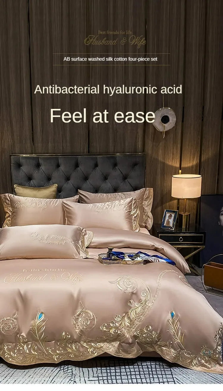 European-Style Bed Sheet Four-Piece Set 100 Cotton High-End Atmospheric Ice Silk Quilt Cover Pure Cotton Bedding.