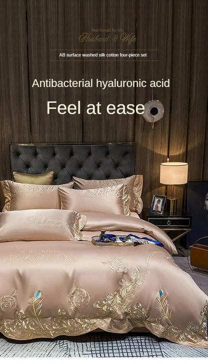 European-Style Bed Sheet Four-Piece Set 100 Cotton High-End Atmospheric Ice Silk Quilt Cover Pure Cotton Bedding.