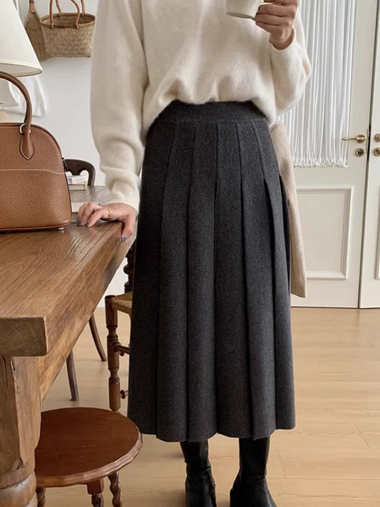 Thick Hepburn Style Woolen Pleated Skirt High Waist Slimming Casual Half Skirt Women Autumn Winter Unique Long Skirt.