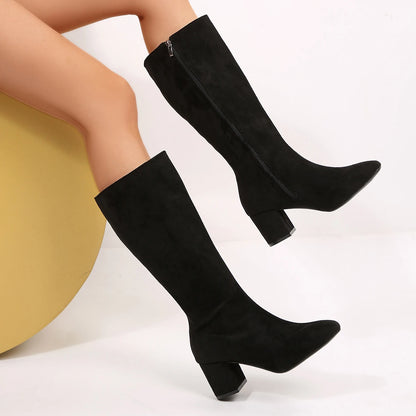Women Boots Autumn Winter Elastic Slimming Knee-High Boots Fashion Pointed Toe Thick Heel Shoes Woman Side Zipper Casual Botas.