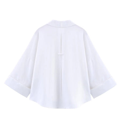 Summer Women's Curled Wide Sleeves Linen Blended Striped Asymmetric Casual Shirt Versatile Collar Linen Blended Printed Shirt.