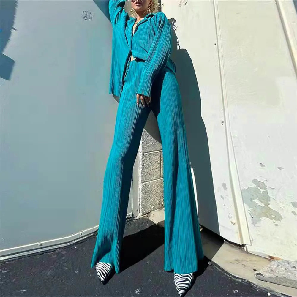 2024 Spring Autumn Women's New Solid Color Button Shirt Long Sleeve Drop Feel Loose Soft Wrinkle Casual Two Piece Set