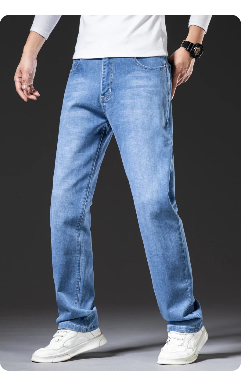 Große Größe 40, 42, 44, 46, lockere, gerade Jeans für Herren, Herbst, neue Business-Casual-Stretchhose, klassische blaue Denim-Hose für Herren.