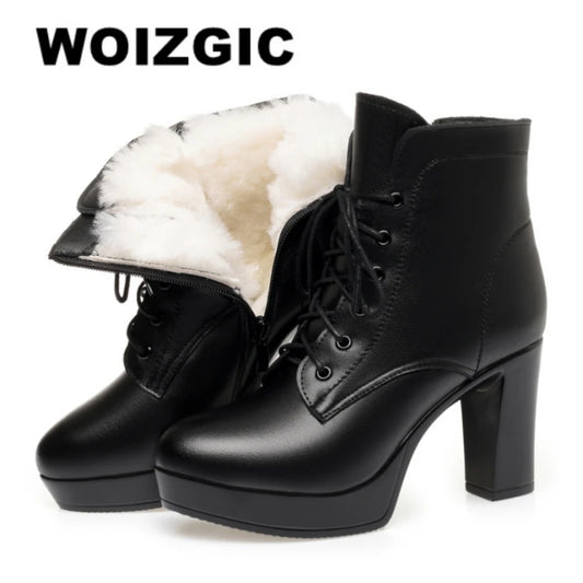 WOIZGIC Laides Women's Female Genuine Leather Ankle Boots Winter Autumn Fur Plush Wool Warm High Heel Motorcycle.