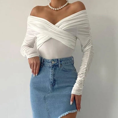 Cryptographic Fashion Ruched Sexy Backless Wrap Bodysuit Elegant Off Shoulder Slim Long Sleeve White Tops One Piece Skinny Fall.