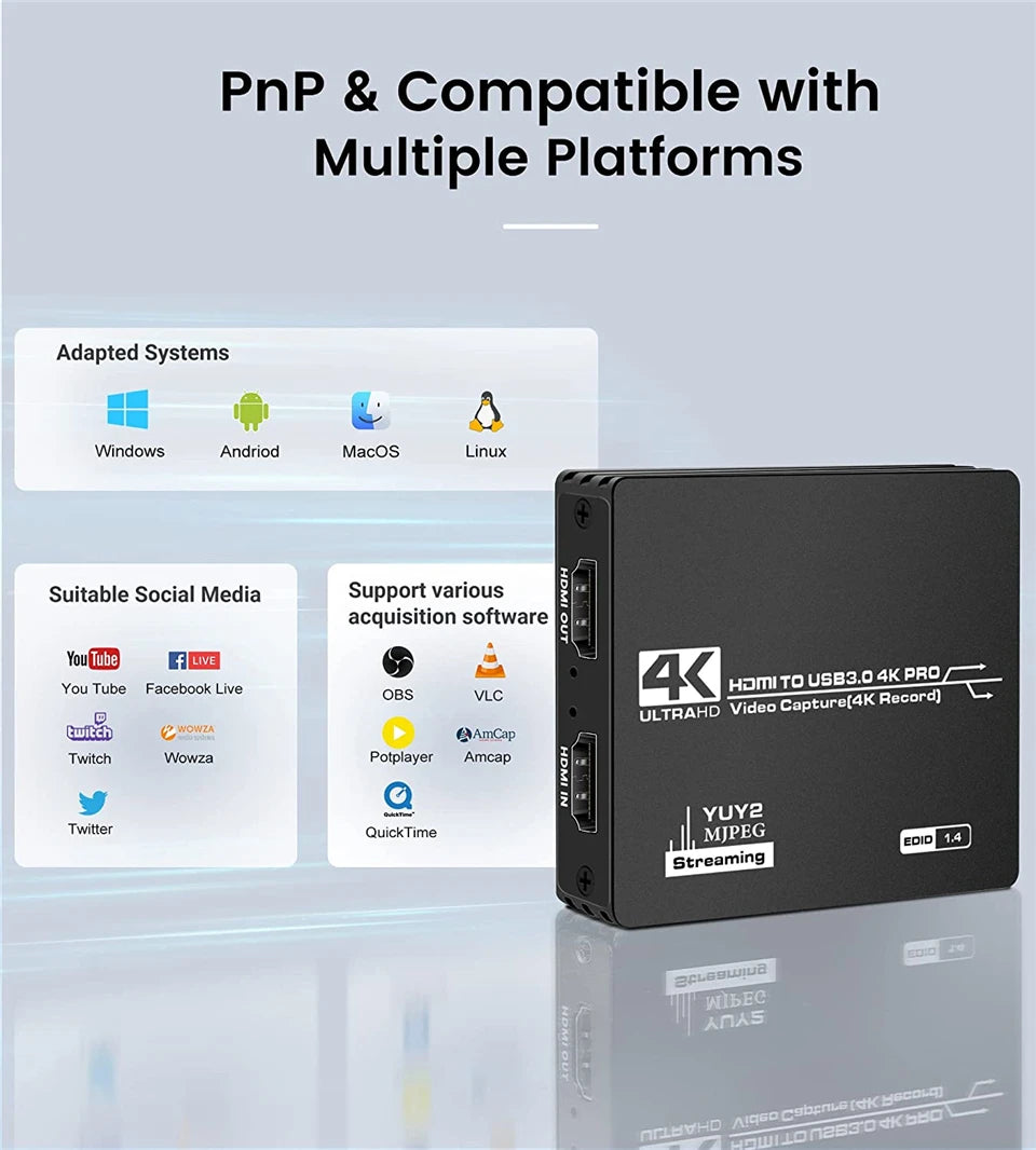 Navceker 4K Pro USB 3.0 Video Capture Card HDMI-compatible 1080P 60fps HD Video Recorder Grabber For OBS Capturing Game Live.