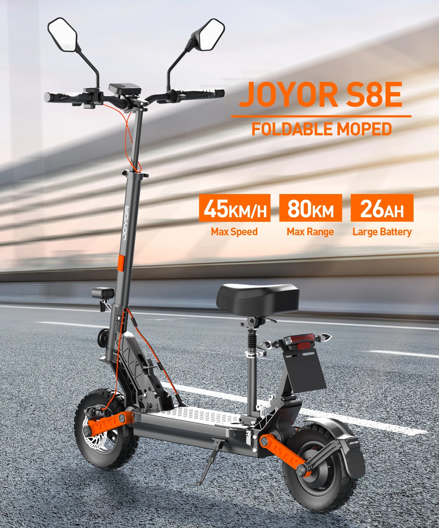 JOYOR S8E Electric Scooter, 800W Motor 48V 26AH Battery Adult E-Scooter 10 Inch Tires, 45km/h Max Speed Front & Rear Disc Brake.