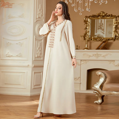 Elegant V-Neck Beading Embroidery Abaya For Muslim Woman 2025 Casual Loose Moroccan Saudi Dubai Kuwait Morocco Stylish Kebaya.