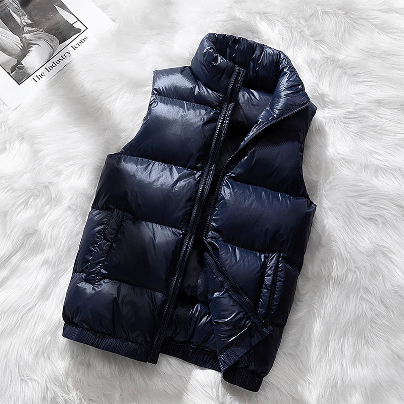 Vest Winter Hooded Glossy Cotton Vest Casual Waistcoat Men's Sleeveless Jacket Warm Overcoats Zipper Solid Color Mens Warm Vests