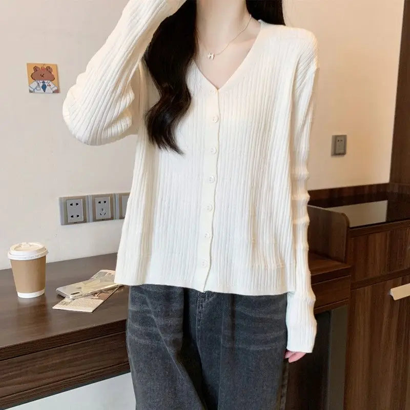 Women's Long-sleeved Button Cardigan Solid Color Casual Loose Fashion Top