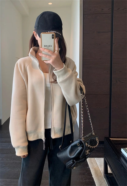 Women Autumn Winter Sweatshirt Coat Zip Up Solid Long Sleeve Stand Neck Jacket Lady Fashion Casual Street Vintage Coats Outwear